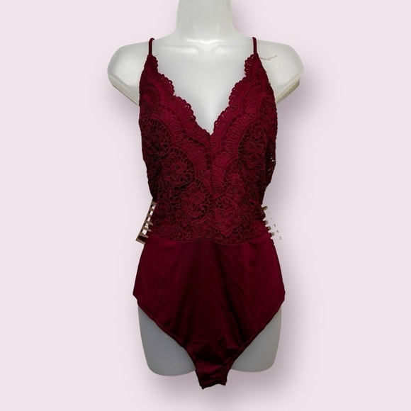 NWT Boohoo Premium Lace Bodysuit - Burgundy Sheer Lingerie Style, Size 20 - Picture 4 of 8